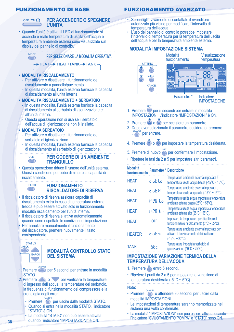 Funzionamento di base, Per accendere o spegnere l’unità, Per selezionare la modalità operativa | Per godere di un ambiente tranquillo, Funzionamento riscaldatore di riserva, Modalità controllo stato del sistema, Modalità impostazione sistema, Funzionamento avanzato | Panasonic WHUD12CE5 User Manual | Page 38 / 76