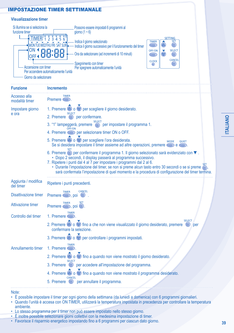 It aliano, Impostazione timer settimanale | Panasonic WHUD12CE5 User Manual | Page 39 / 76