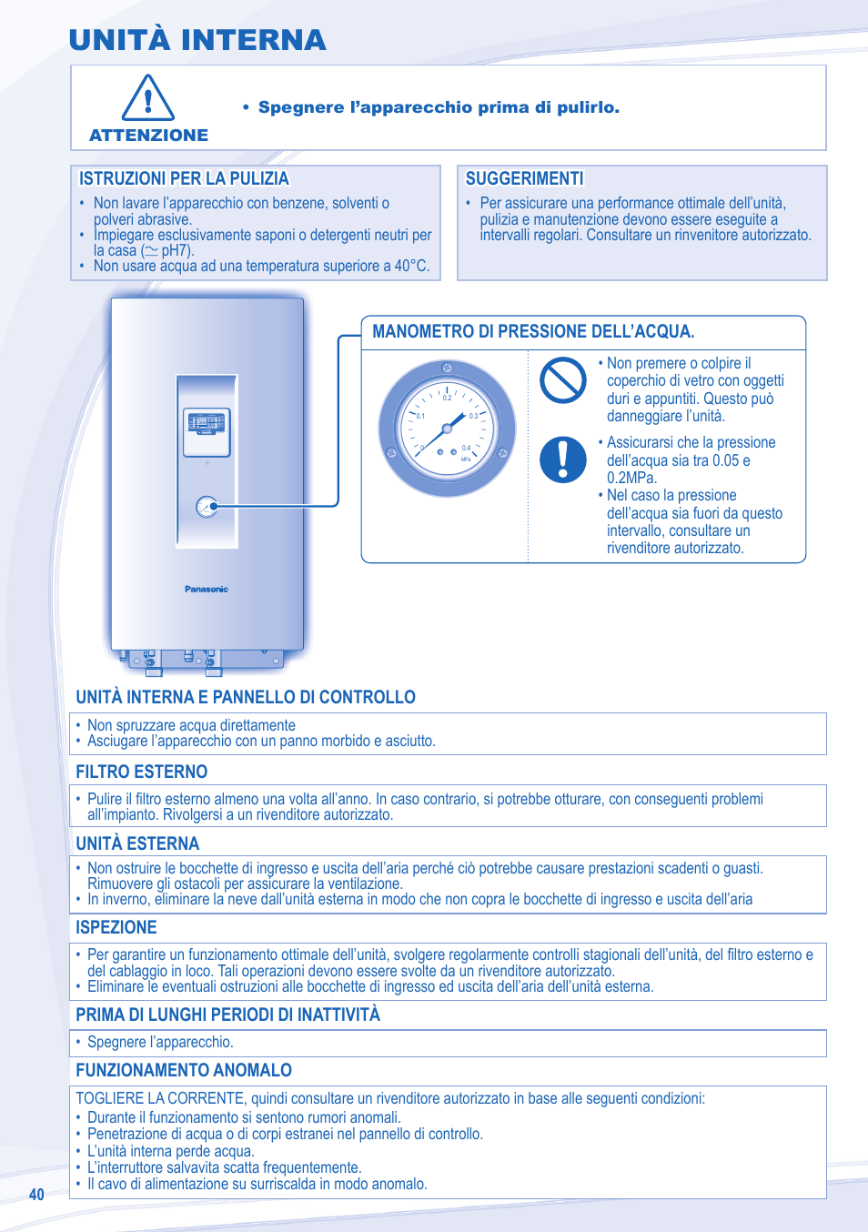 Unità interna, Manometro di pressione dell’acqua, Istruzioni per la pulizia | Unità interna e pannello di controllo, Filtro esterno, Unità esterna, Ispezione, Prima di lunghi periodi di inattività, Funzionamento anomalo | Panasonic WHUD12CE5 User Manual | Page 40 / 76