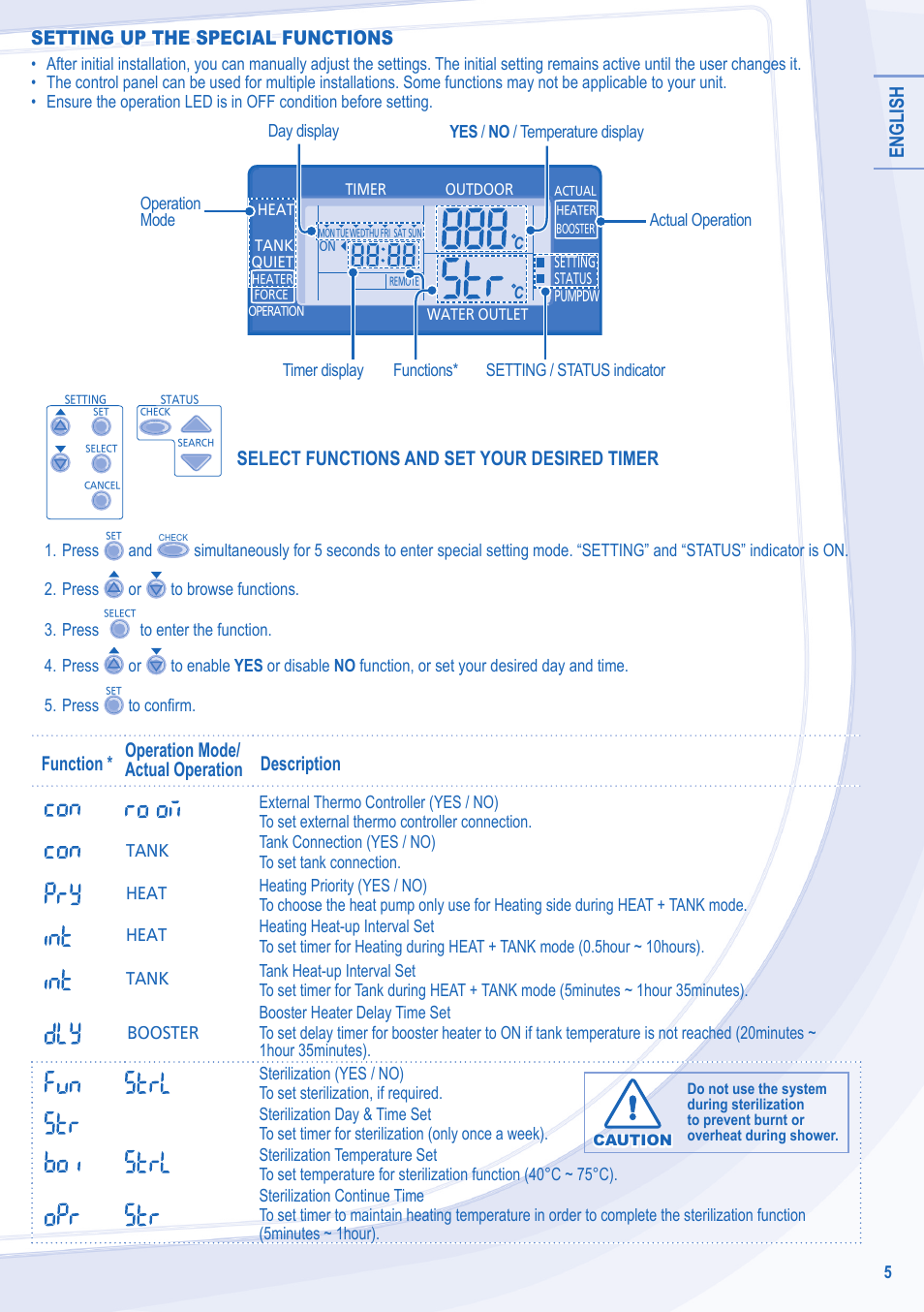 English, Setting up the special functions, Select functions and set your desired timer | Panasonic WHUD12CE5 User Manual | Page 5 / 76
