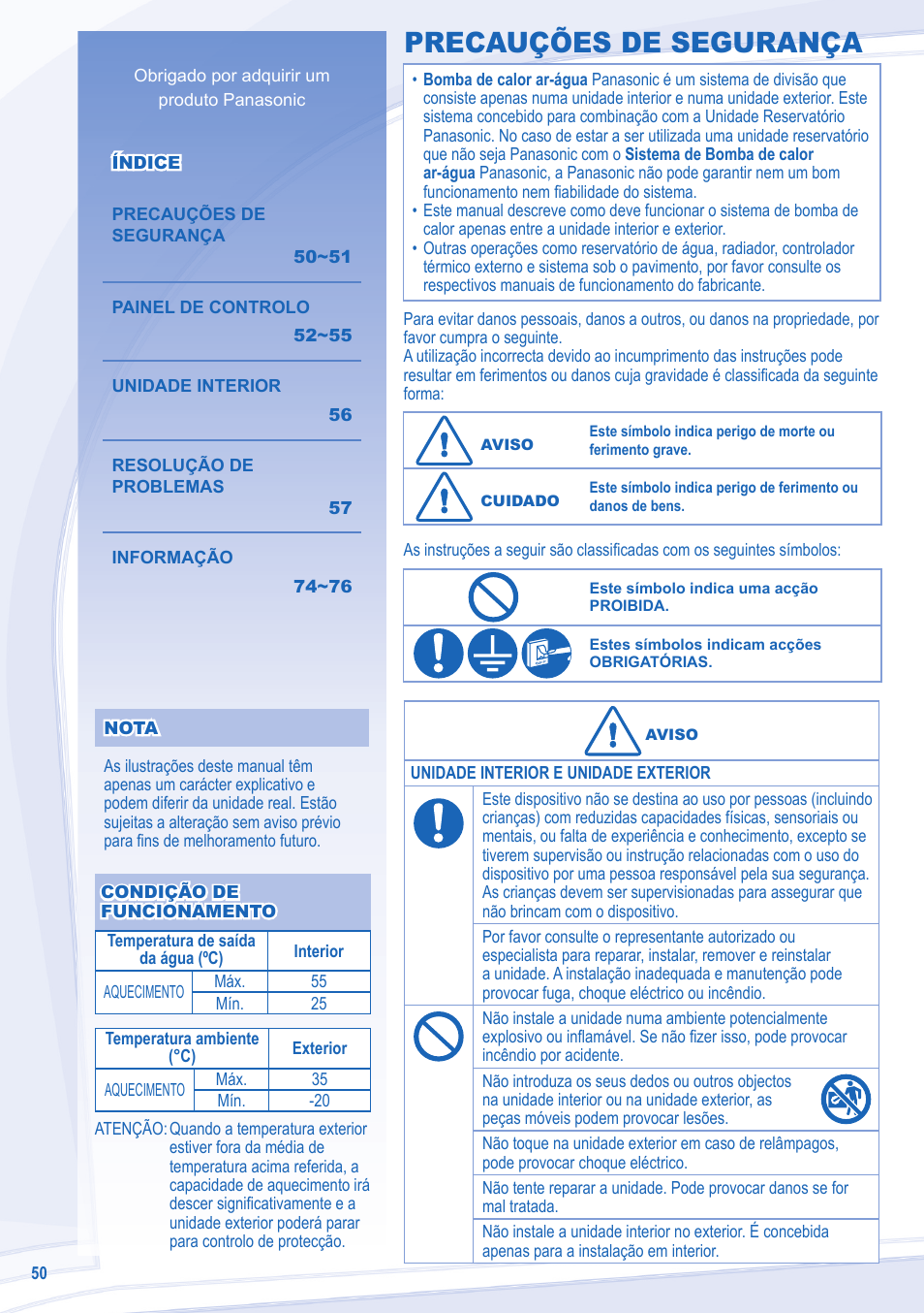 Precauções de segurança | Panasonic WHUD12CE5 User Manual | Page 50 / 76