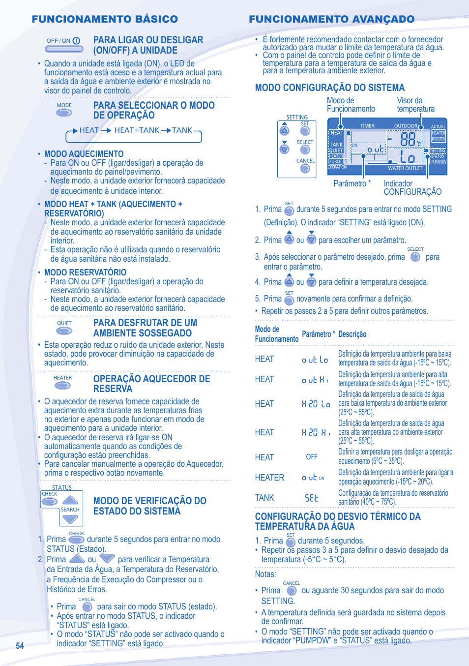 Funcionamento básico, Para ligar ou desligar (on/off) a unidade, Para seleccionar o modo de operação | Para desfrutar de um ambiente sossegado, Operação aquecedor de reserva, Modo de verificação do estado do sistema, Modo configuração do sistema, Funcionamento avançado | Panasonic WHUD12CE5 User Manual | Page 54 / 76