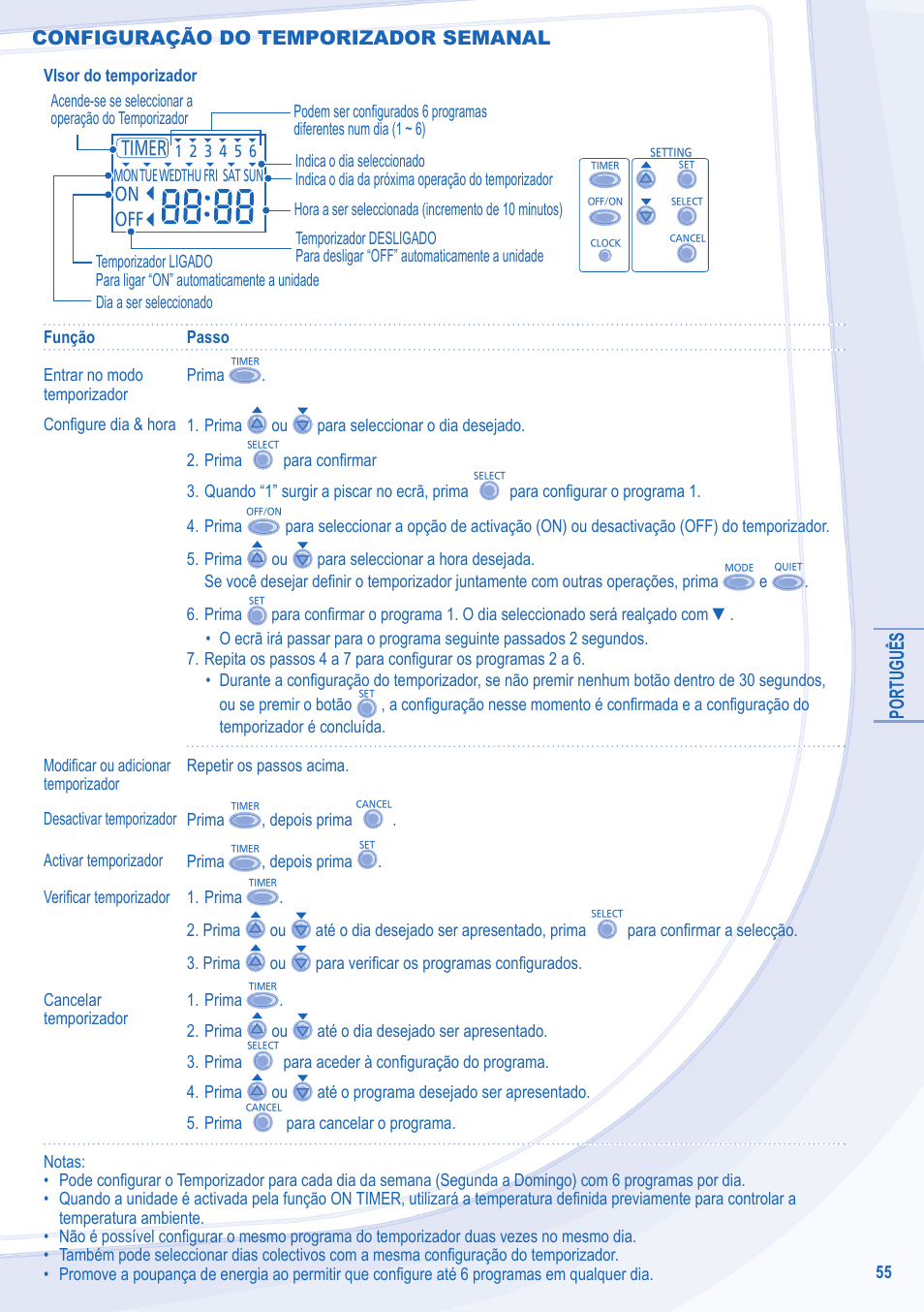 Português, Configuração do temporizador semanal | Panasonic WHUD12CE5 User Manual | Page 55 / 76