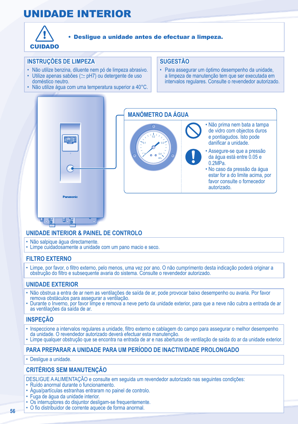 Unidade interior, Manómetro da água, Instruções de limpeza | Instruções de limpeza sugestão sugestão, Unidade interior & painel de controlo, Filtro externo, Unidade exterior, Inspeção, Critérios sem manutenção | Panasonic WHUD12CE5 User Manual | Page 56 / 76