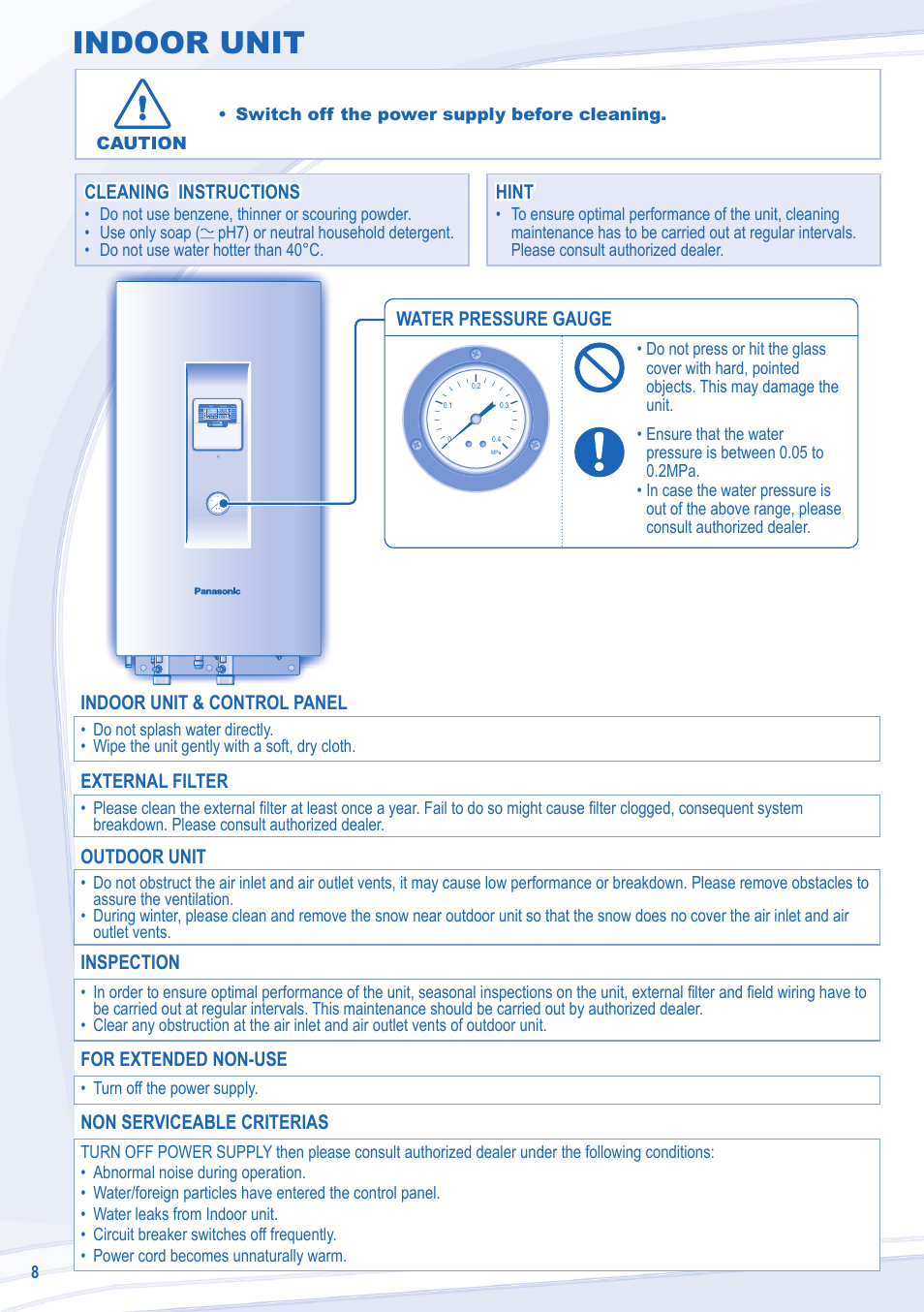 Indoor unit, Water pressure gauge, Cleaning instructions | Cleaning instructions hint hint, Indoor unit & control panel, External filter, Outdoor unit, Inspection, For extended non-use, Non serviceable criterias | Panasonic WHUD12CE5 User Manual | Page 8 / 76