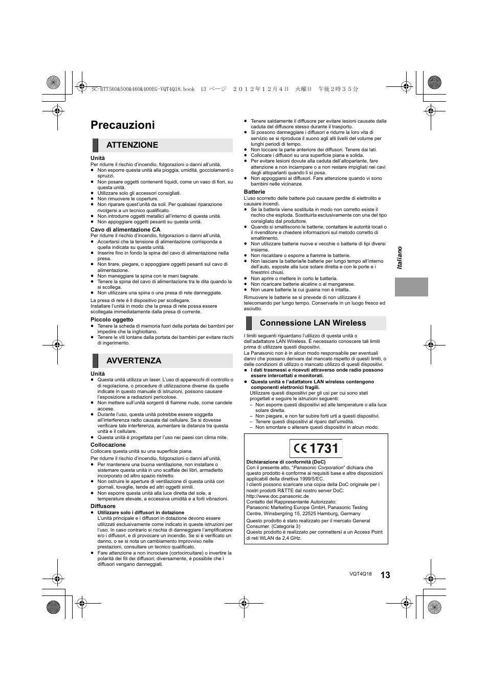 Precauzioni, Attenzione avvertenza connessione lan wireless | Panasonic SCBTT400EG User Manual | Page 13 / 56