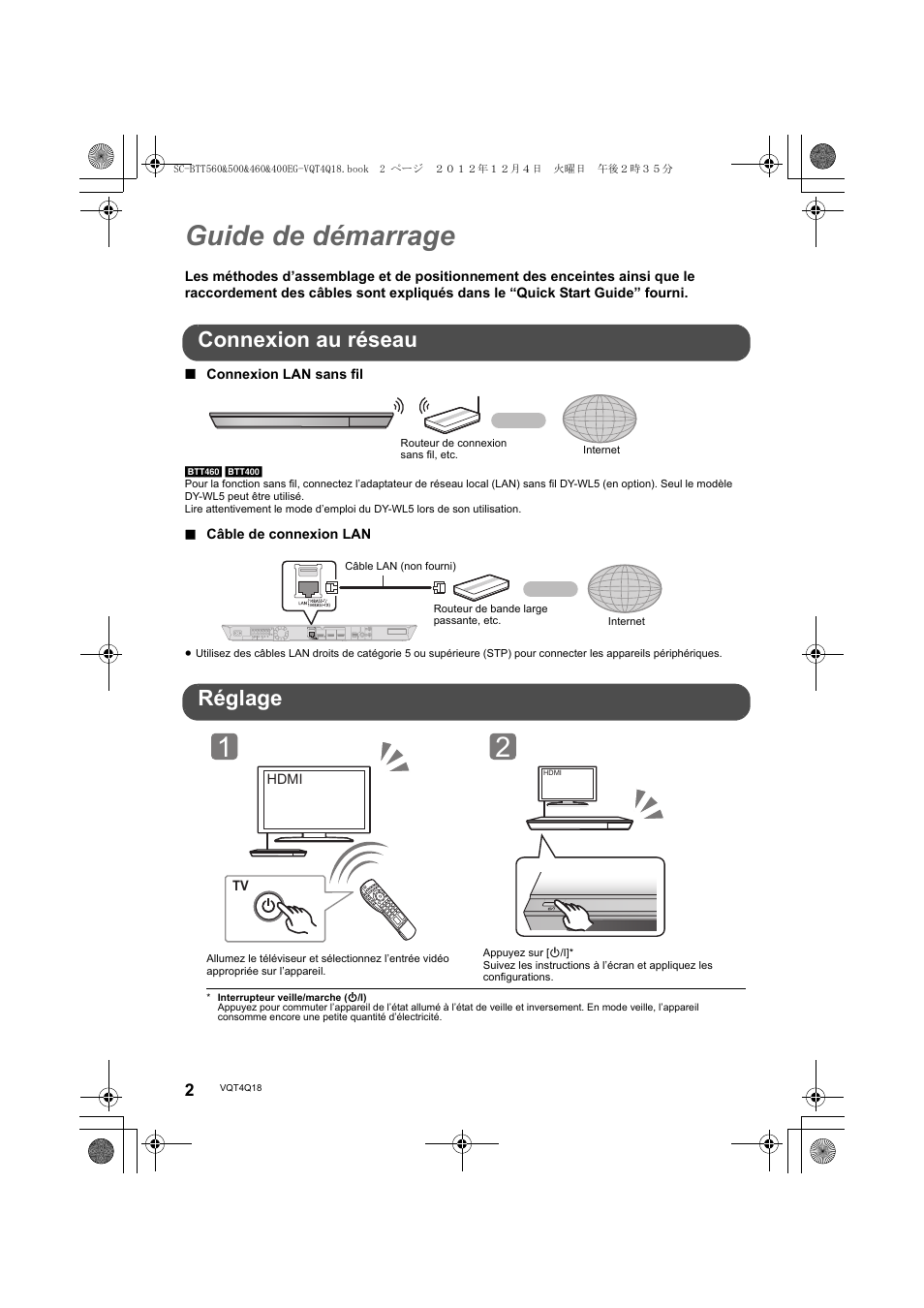 Guide de démarrage, Connexion au réseau, Réglage | Panasonic SCBTT400EG User Manual | Page 2 / 56