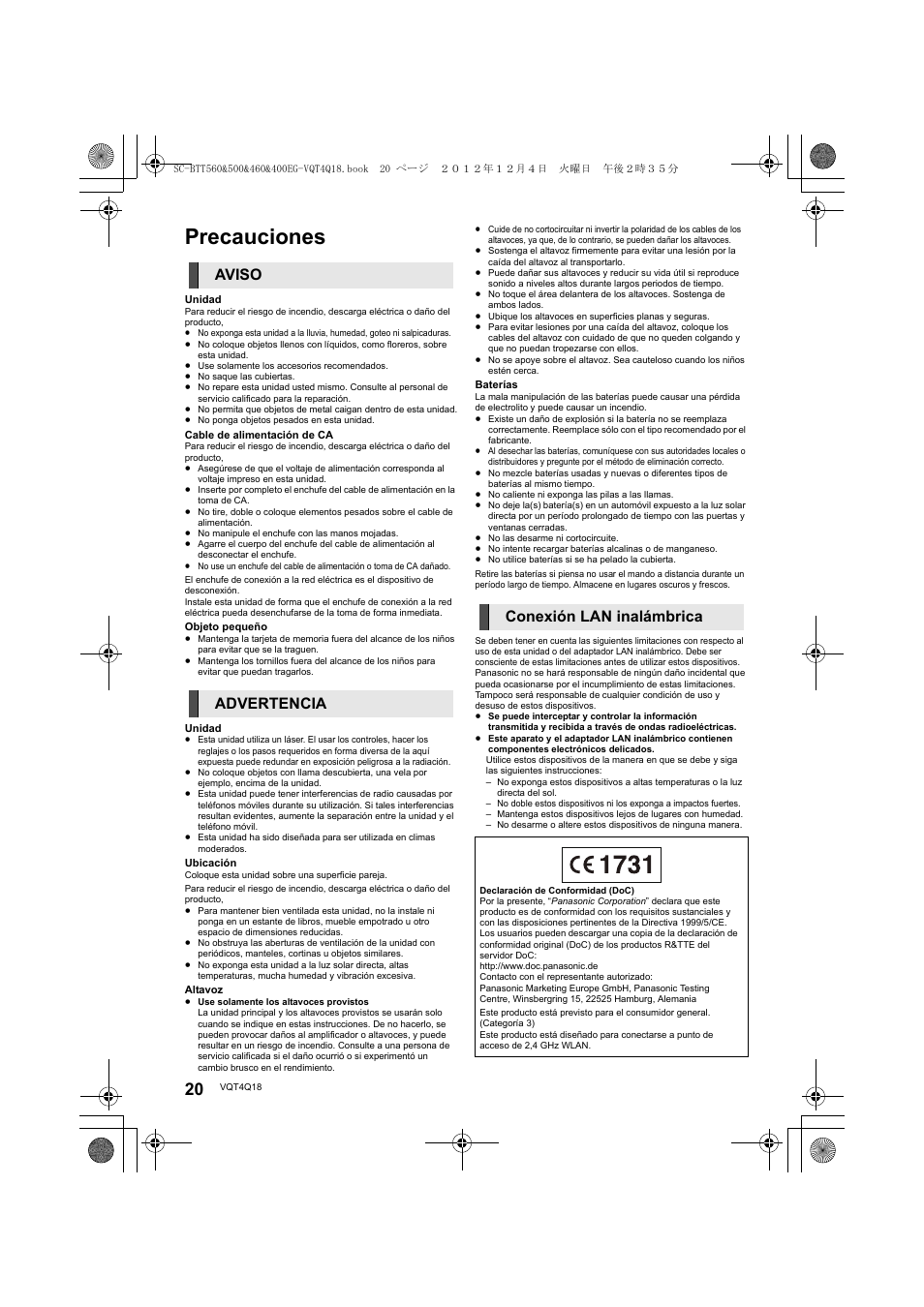 Precauciones, Aviso advertencia conexión lan inalámbrica | Panasonic SCBTT400EG User Manual | Page 20 / 56
