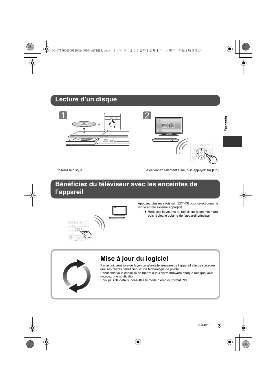 Mise à jour du logiciel, Vol open/close, Fran çais | Panasonic SCBTT400EG User Manual | Page 3 / 56