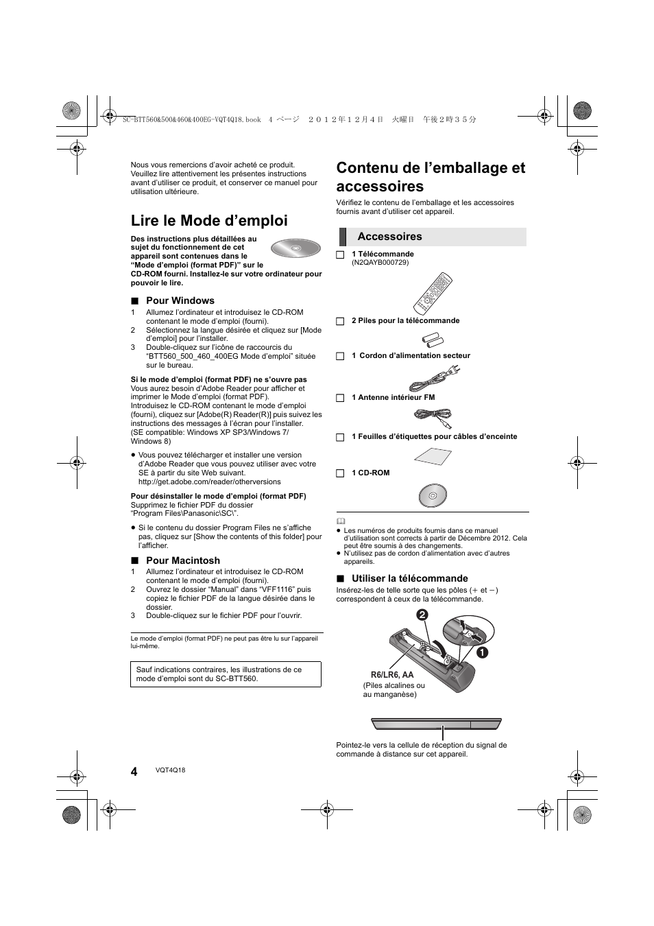 Lire le mode d’emploi, Contenu de l’emballage et accessoires | Panasonic SCBTT400EG User Manual | Page 4 / 56