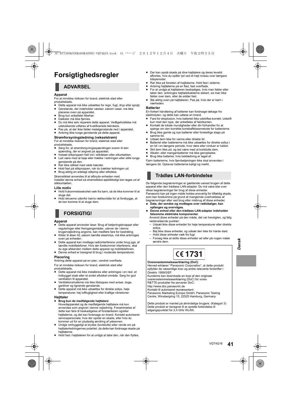 Forsigtighedsregler, Advarsel forsigtig! trådløs lan-forbindelse | Panasonic SCBTT400EG User Manual | Page 41 / 56