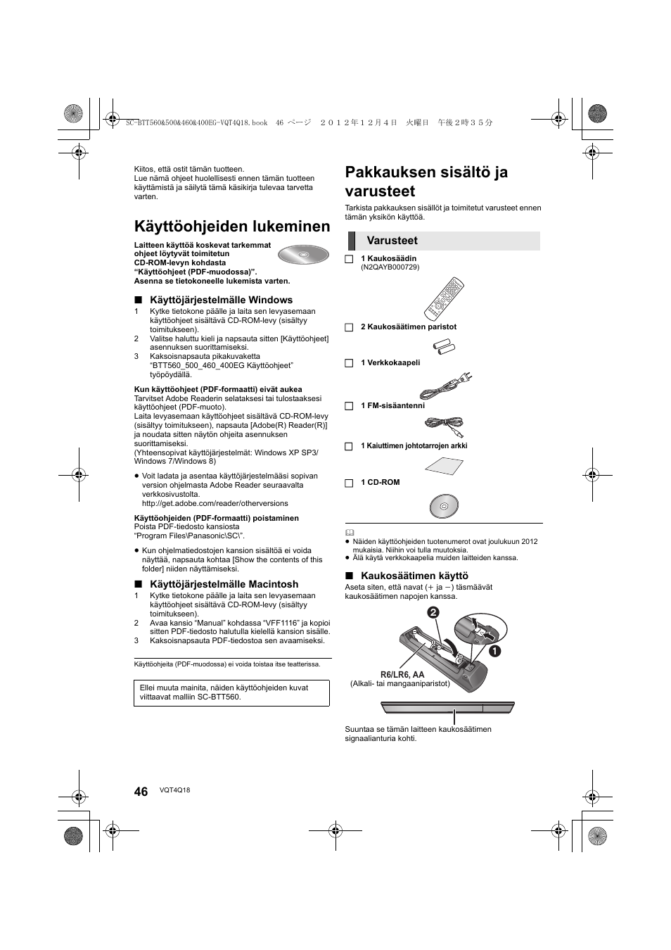 Käyttöohjeiden lukeminen, Pakkauksen sisältö ja varusteet | Panasonic SCBTT400EG User Manual | Page 46 / 56