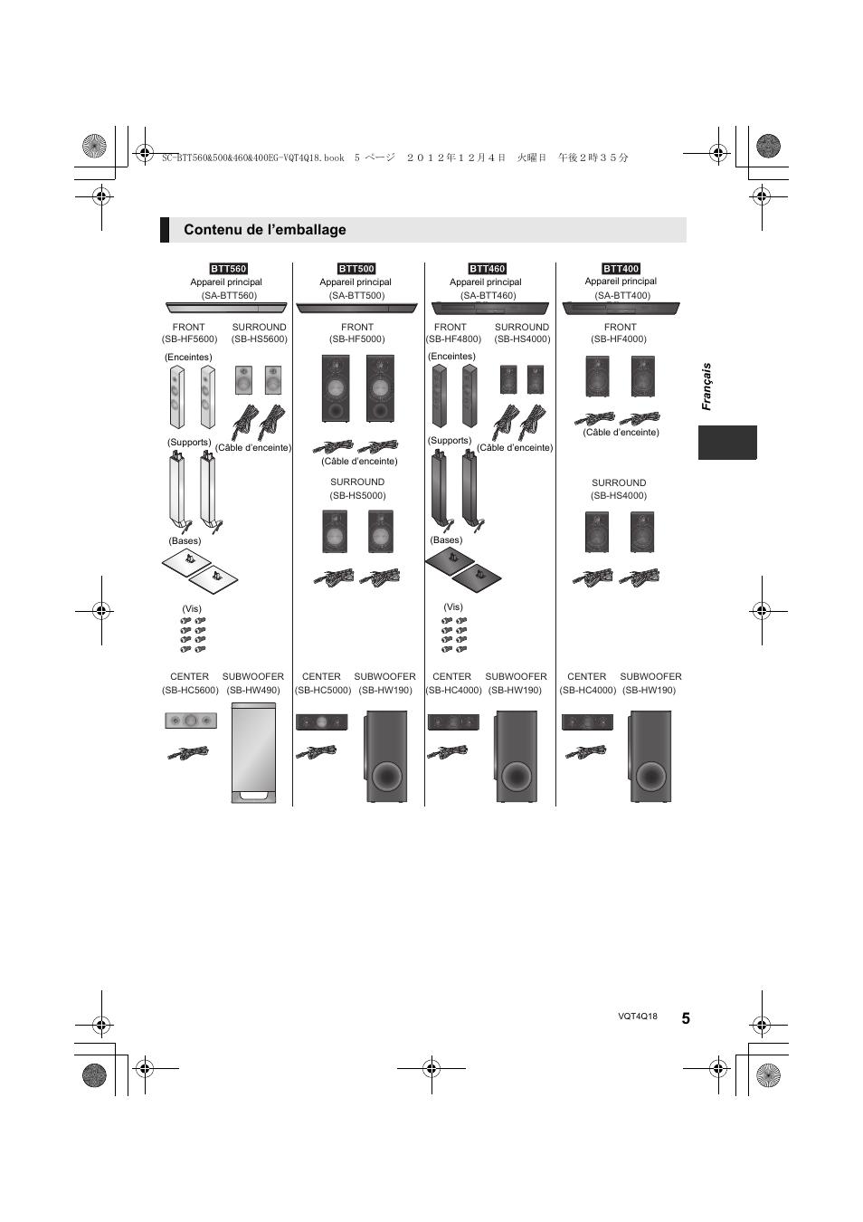Contenu de l’emballage | Panasonic SCBTT400EG User Manual | Page 5 / 56