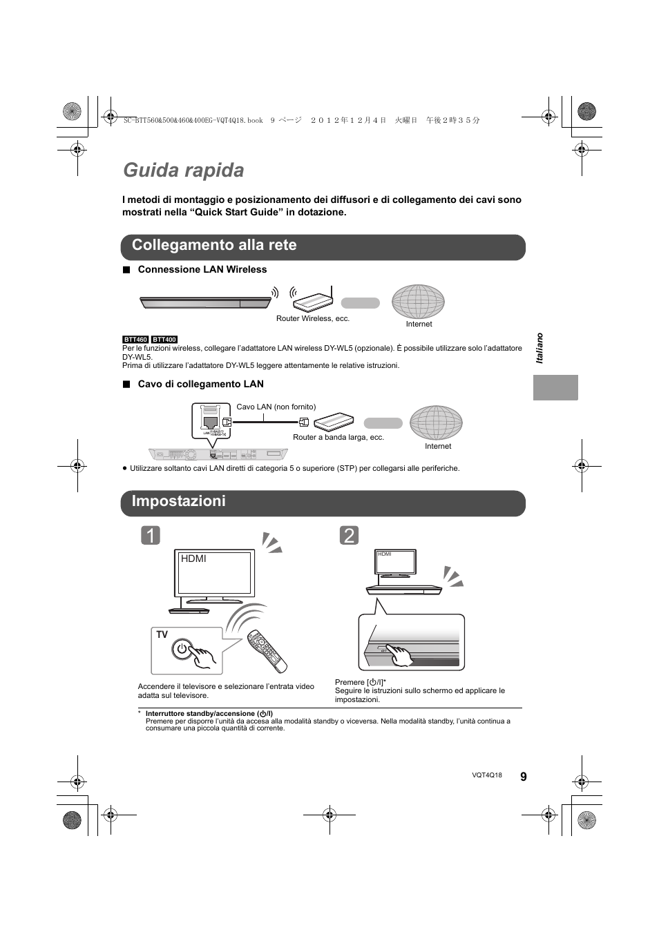 Guida rapida, Collegamento alla rete, Impostazioni | Panasonic SCBTT400EG User Manual | Page 9 / 56