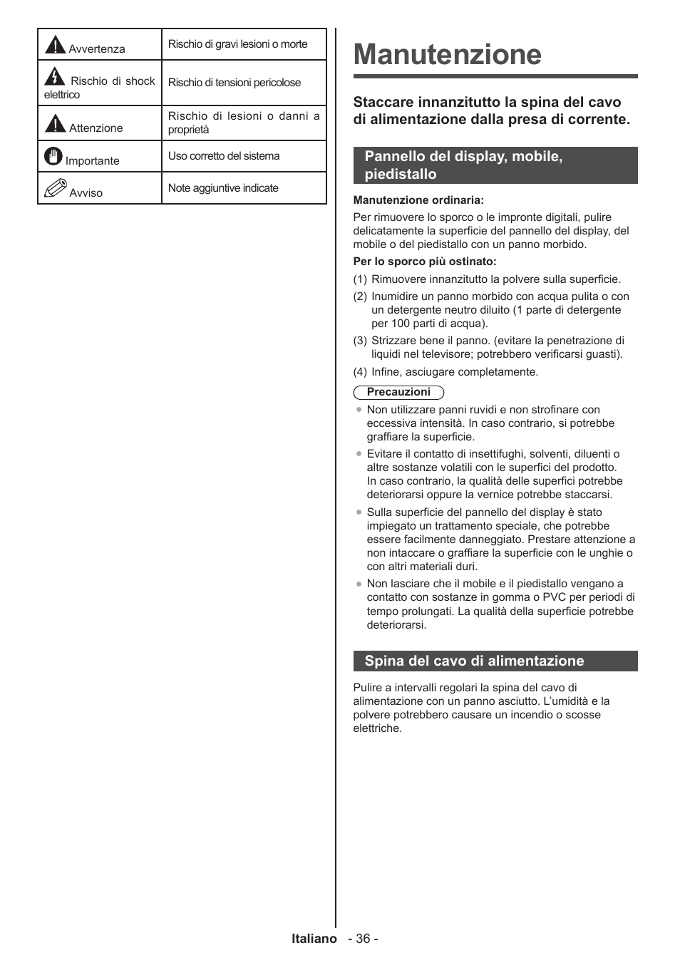 Manutenzione, Spina del cavo di alimentazione | Panasonic TX32A300E User Manual | Page 37 / 72