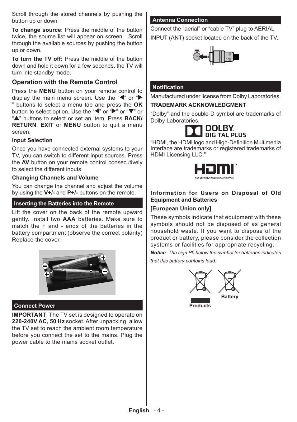 Operation with the remote control | Panasonic TX32A300E User Manual | Page 5 / 72