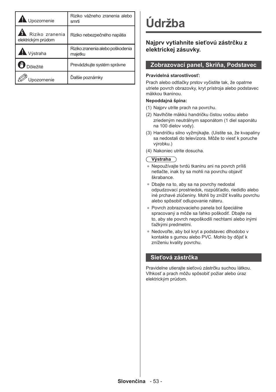 Údržba, Sieťová zástrčka | Panasonic TX32A300E User Manual | Page 54 / 72