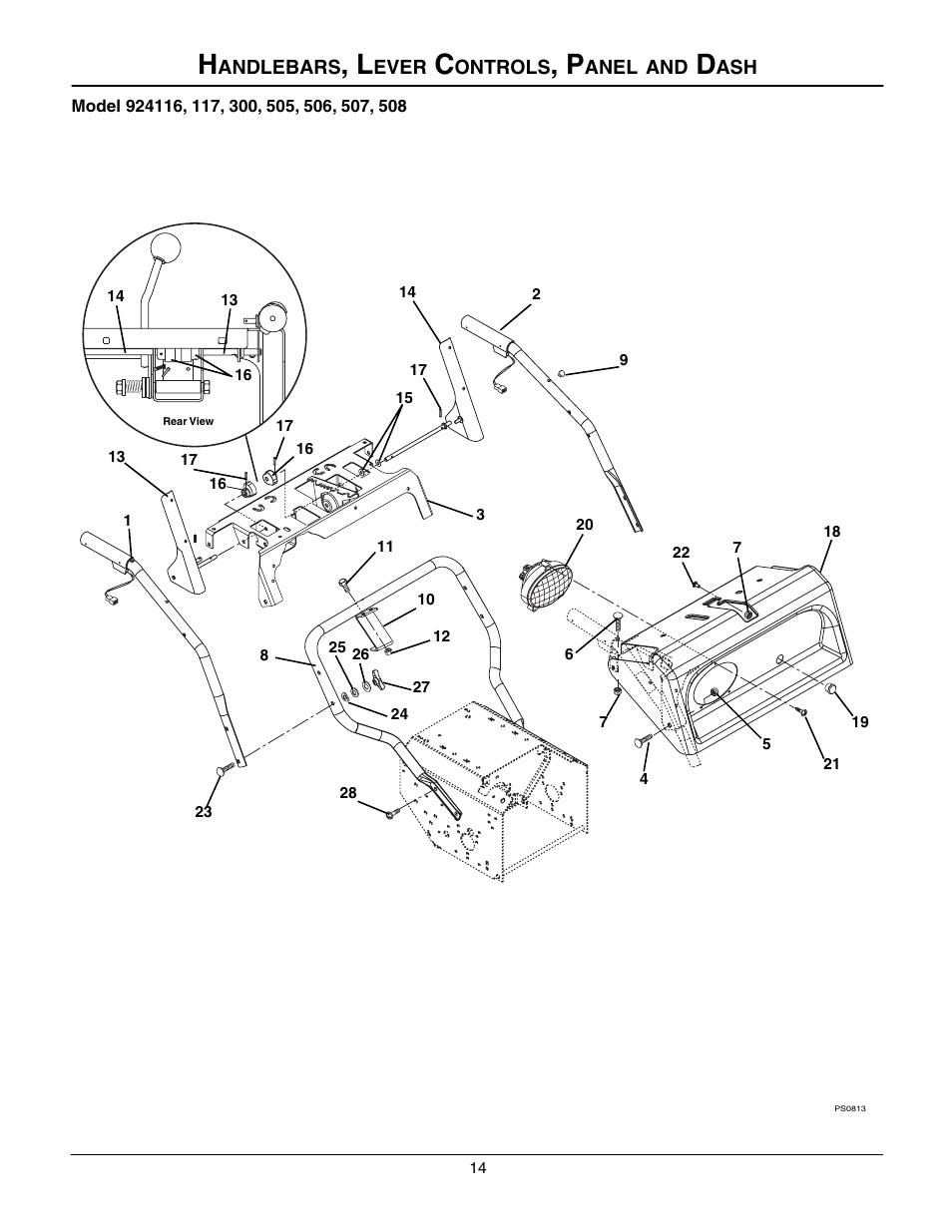 Handlebars, lever controls, panel and dash | Ariens 924508 - 1128 User Manual | Page 14 / 37