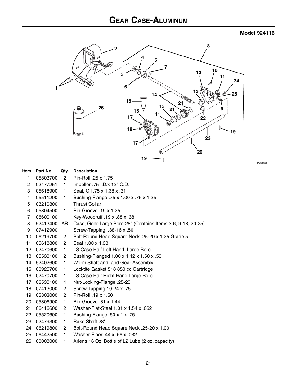 Gear case-aluminum, Luminum | Ariens 924508 - 1128 User Manual | Page 21 / 37