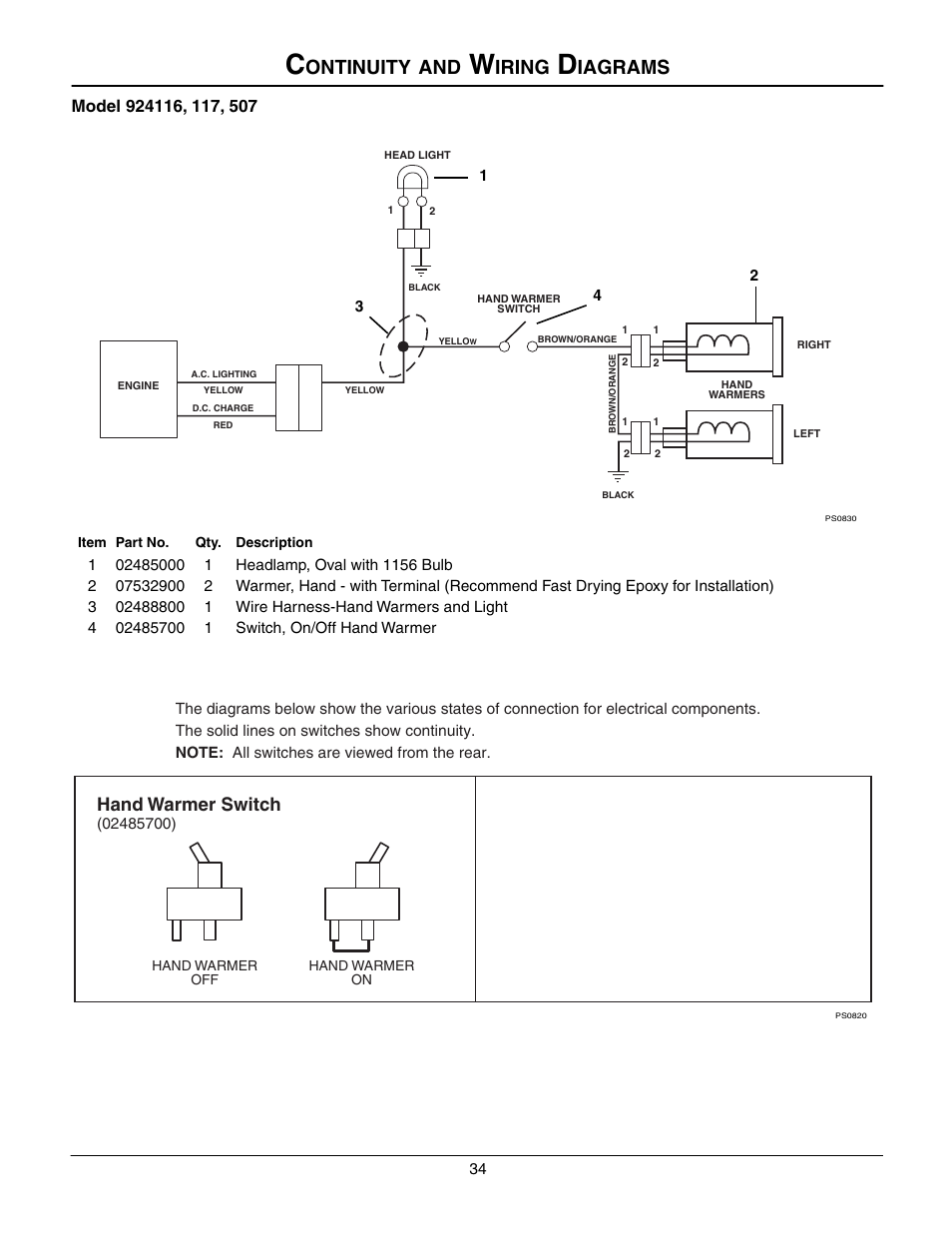 Continuity and wiring diagrams, Ontinuity, Iring | Iagrams, Hand warmer switch | Ariens 924508 - 1128 User Manual | Page 34 / 37