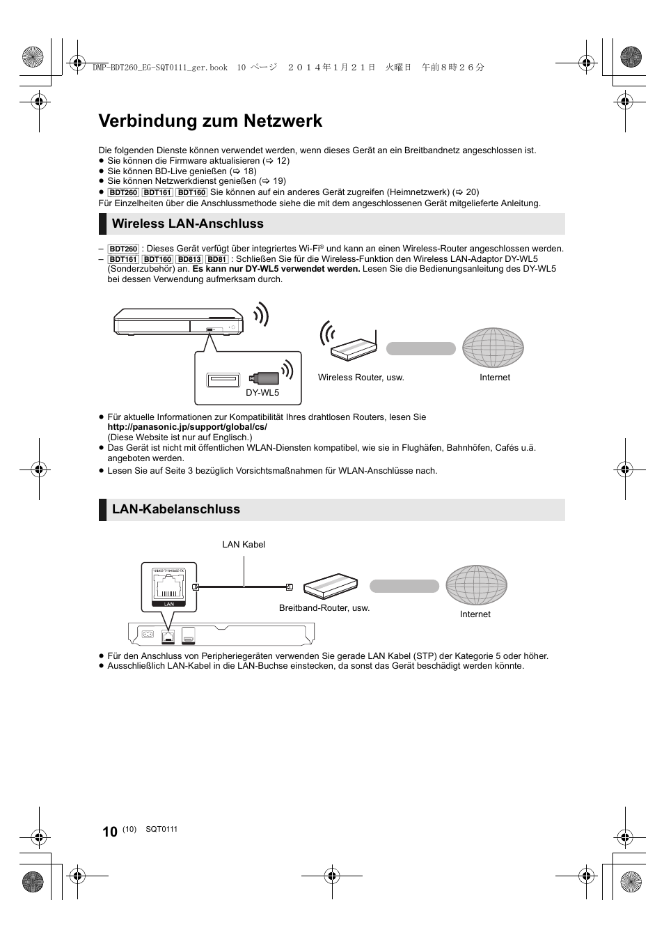 Verbindung zum netzwerk, Wireless lan-anschluss, Lan-kabelanschluss | Panasonic DMPBDT161EG User Manual | Page 10 / 108