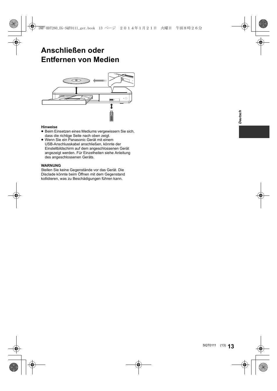 Anschließen oder entfernen von medien | Panasonic DMPBDT161EG User Manual | Page 13 / 108