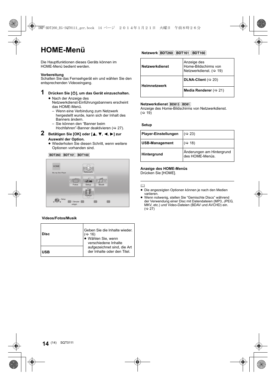 Home-menü | Panasonic DMPBDT161EG User Manual | Page 14 / 108