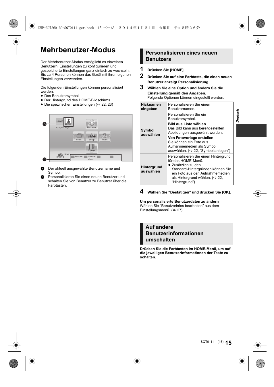 Mehrbenutzer-modus, Personalisieren eines neuen benutzers, Auf andere benutzerinformationen umschalten | Panasonic DMPBDT161EG User Manual | Page 15 / 108