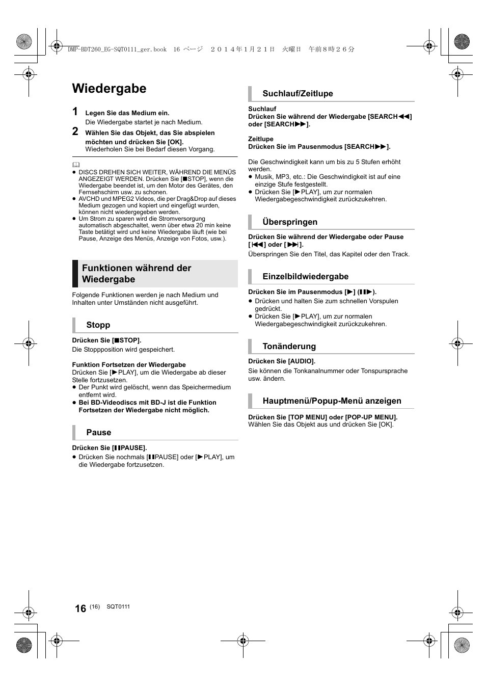 Wiedergabe, Funktionen während der wiedergabe | Panasonic DMPBDT161EG User Manual | Page 16 / 108