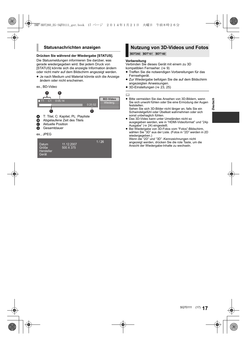 Nutzung von 3d-videos und fotos, Statusnachrichten anzeigen | Panasonic DMPBDT161EG User Manual | Page 17 / 108