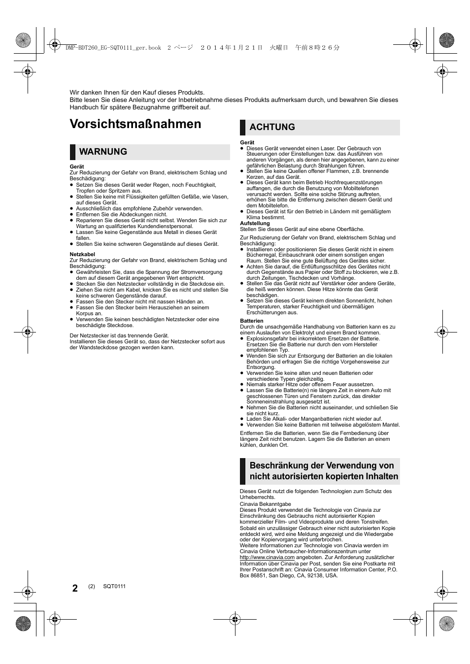 Vorsichtsmaßnahmen, Warnung achtung | Panasonic DMPBDT161EG User Manual | Page 2 / 108