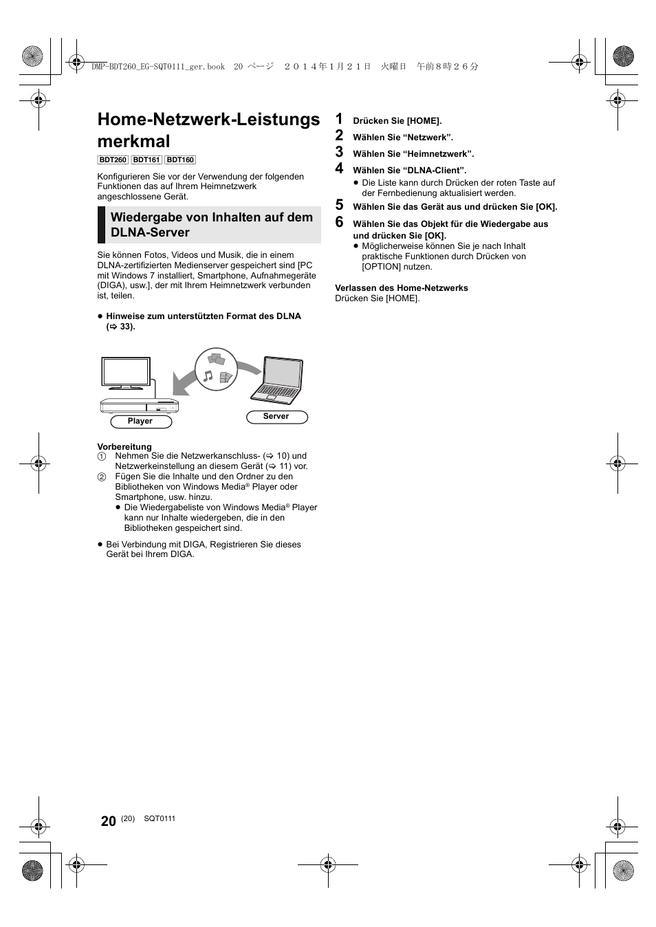 Home-netzwerk-leistungs merkmal, Wiedergabe von inhalten auf dem dlna-server | Panasonic DMPBDT161EG User Manual | Page 20 / 108