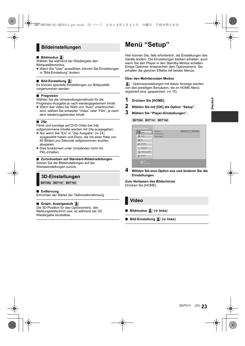 Menü “setup, Bildeinstellungen, 3d-einstellungen | Video | Panasonic DMPBDT161EG User Manual | Page 23 / 108