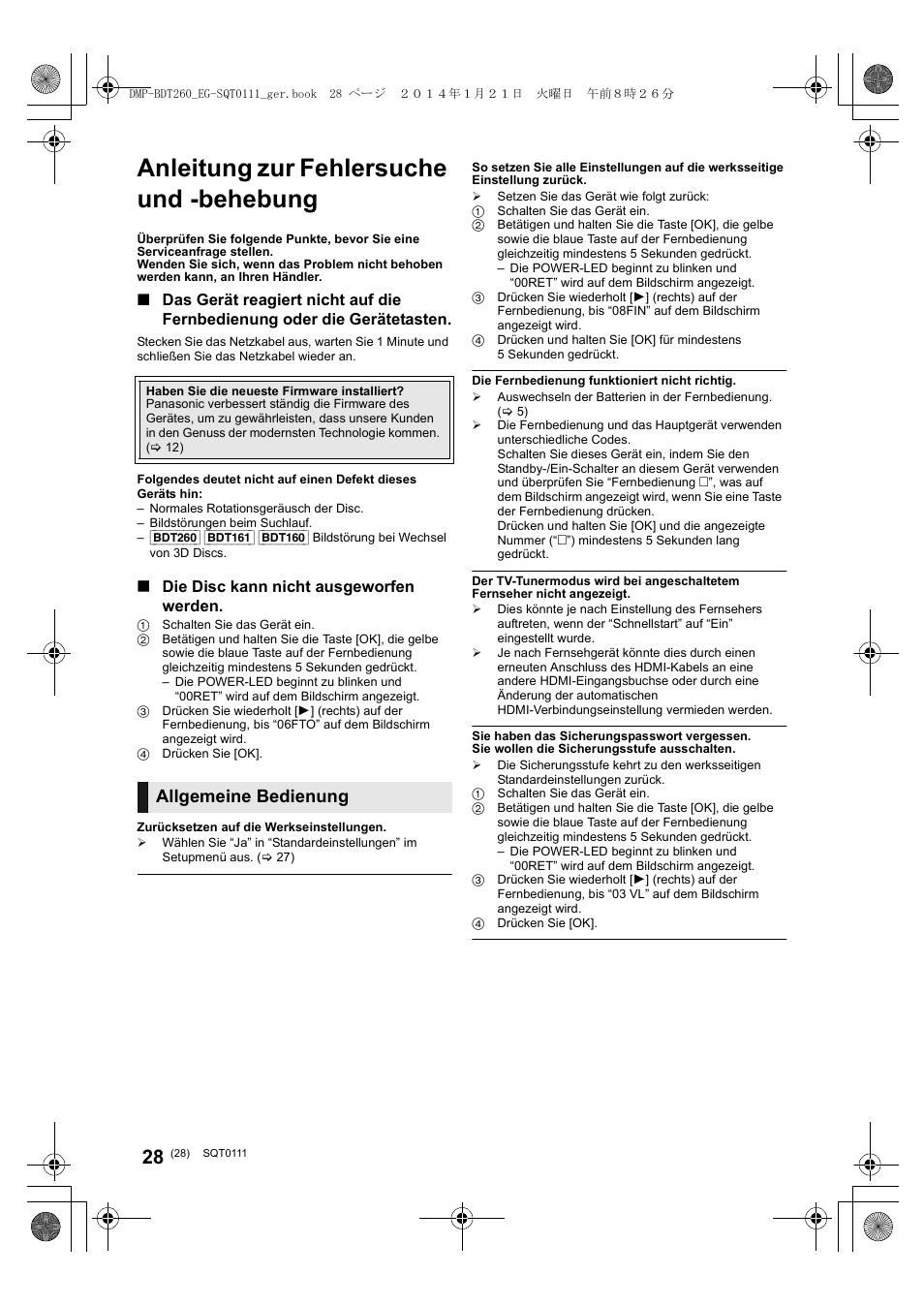 Anleitung zur fehlersuche und -behebung, Allgemeine bedienung, Die disc kann nicht ausgeworfen werden | Panasonic DMPBDT161EG User Manual | Page 28 / 108