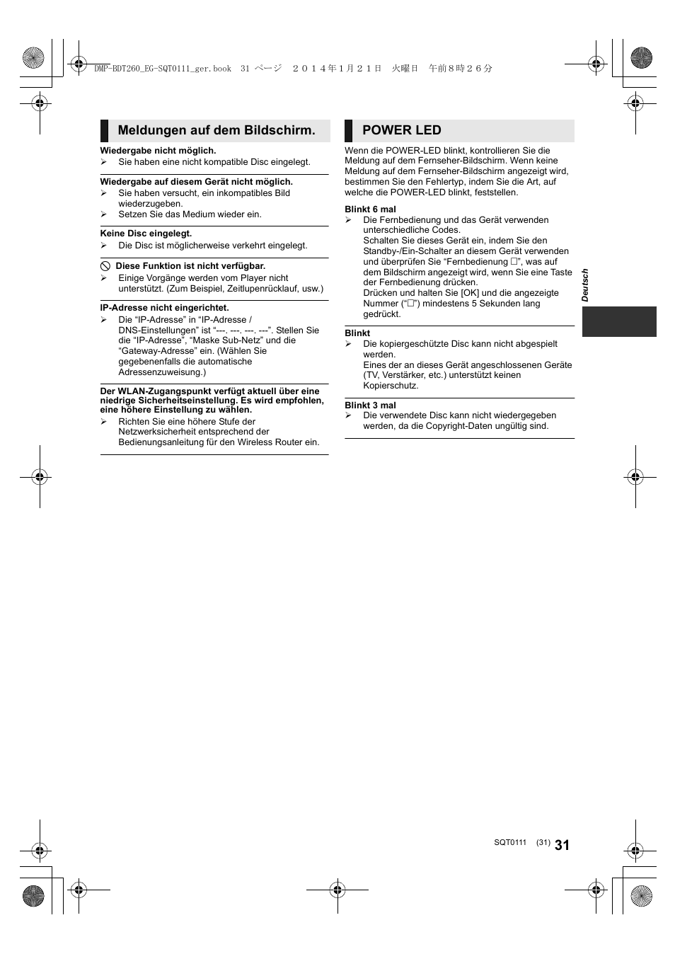 Meldungen auf dem bildschirm, Power led | Panasonic DMPBDT161EG User Manual | Page 31 / 108