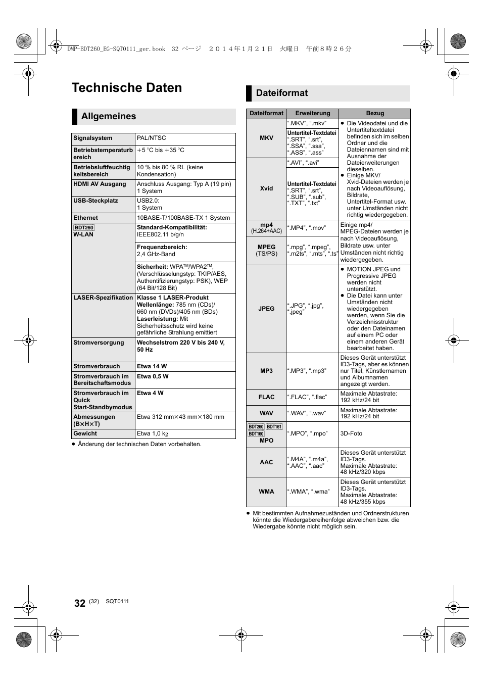 Technische daten, Allgemeines, Dateiformat | Panasonic DMPBDT161EG User Manual | Page 32 / 108