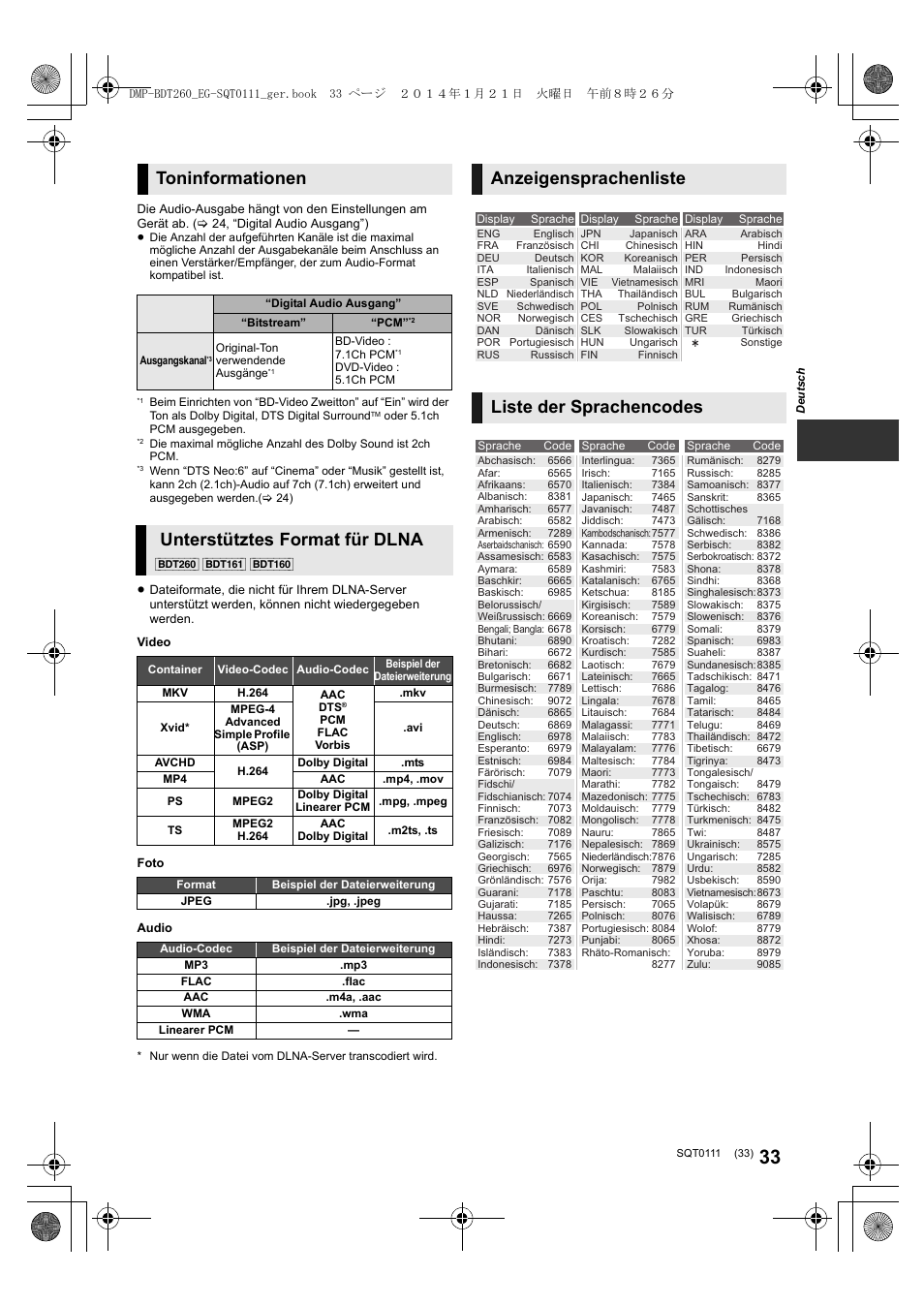 Toninformationen, Unterstütztes format für dlna, Anzeigensprachenliste liste der sprachencodes | Panasonic DMPBDT161EG User Manual | Page 33 / 108