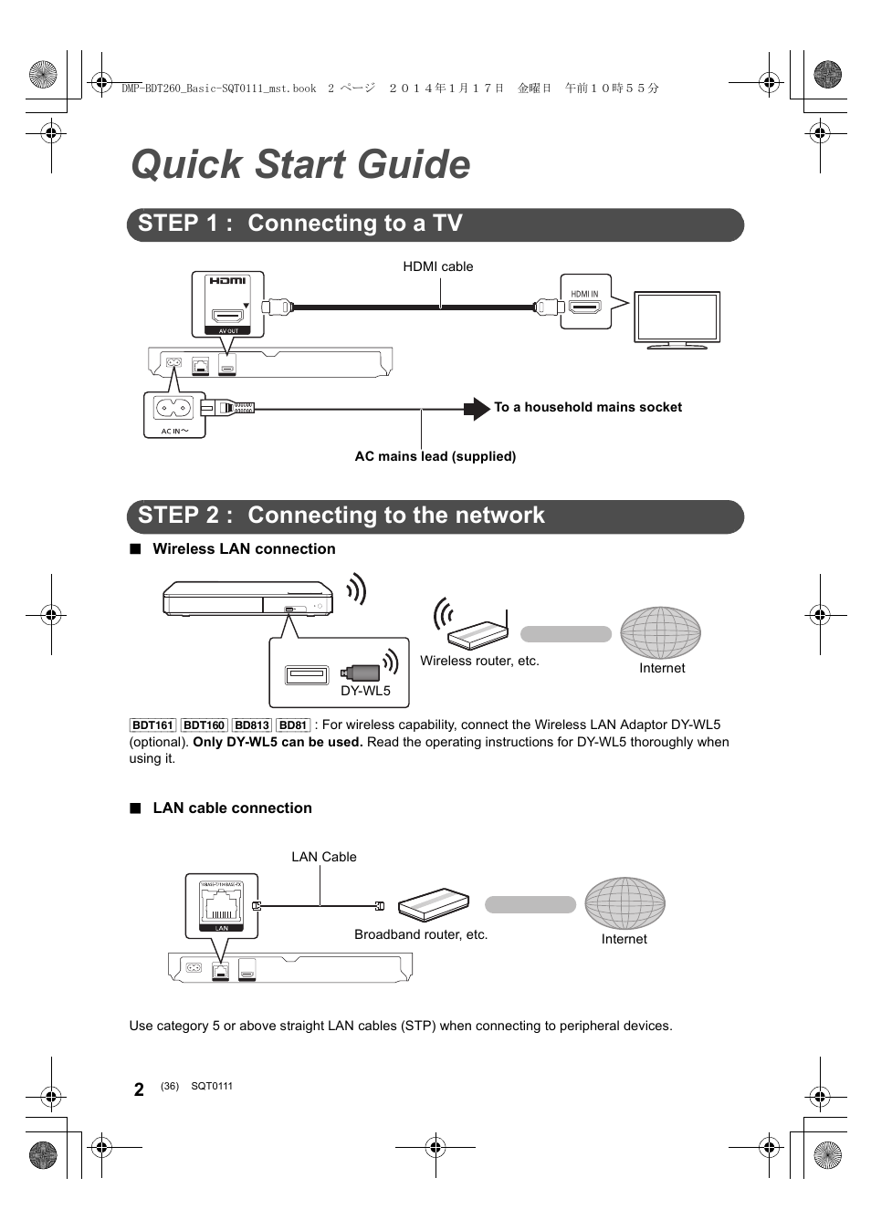 Quick start guide, Step 1 : connecting to a tv, Step 2 : connecting to the network | Panasonic DMPBDT161EG User Manual | Page 36 / 108