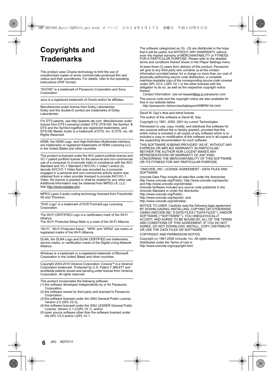 Copyrights and trademarks | Panasonic DMPBDT161EG User Manual | Page 40 / 108