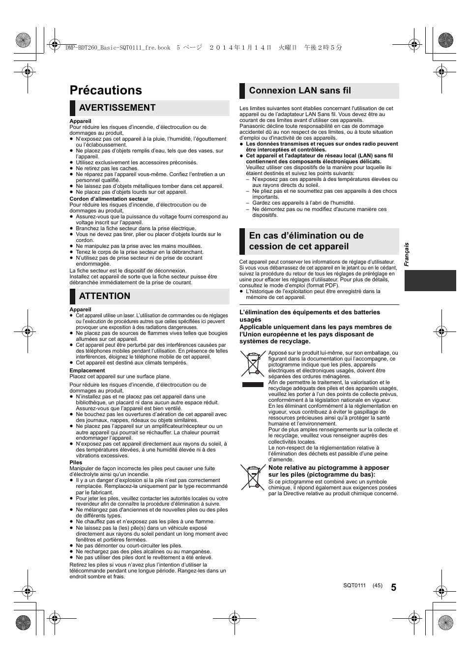 Précautions, Avertissement attention | Panasonic DMPBDT161EG User Manual | Page 45 / 108