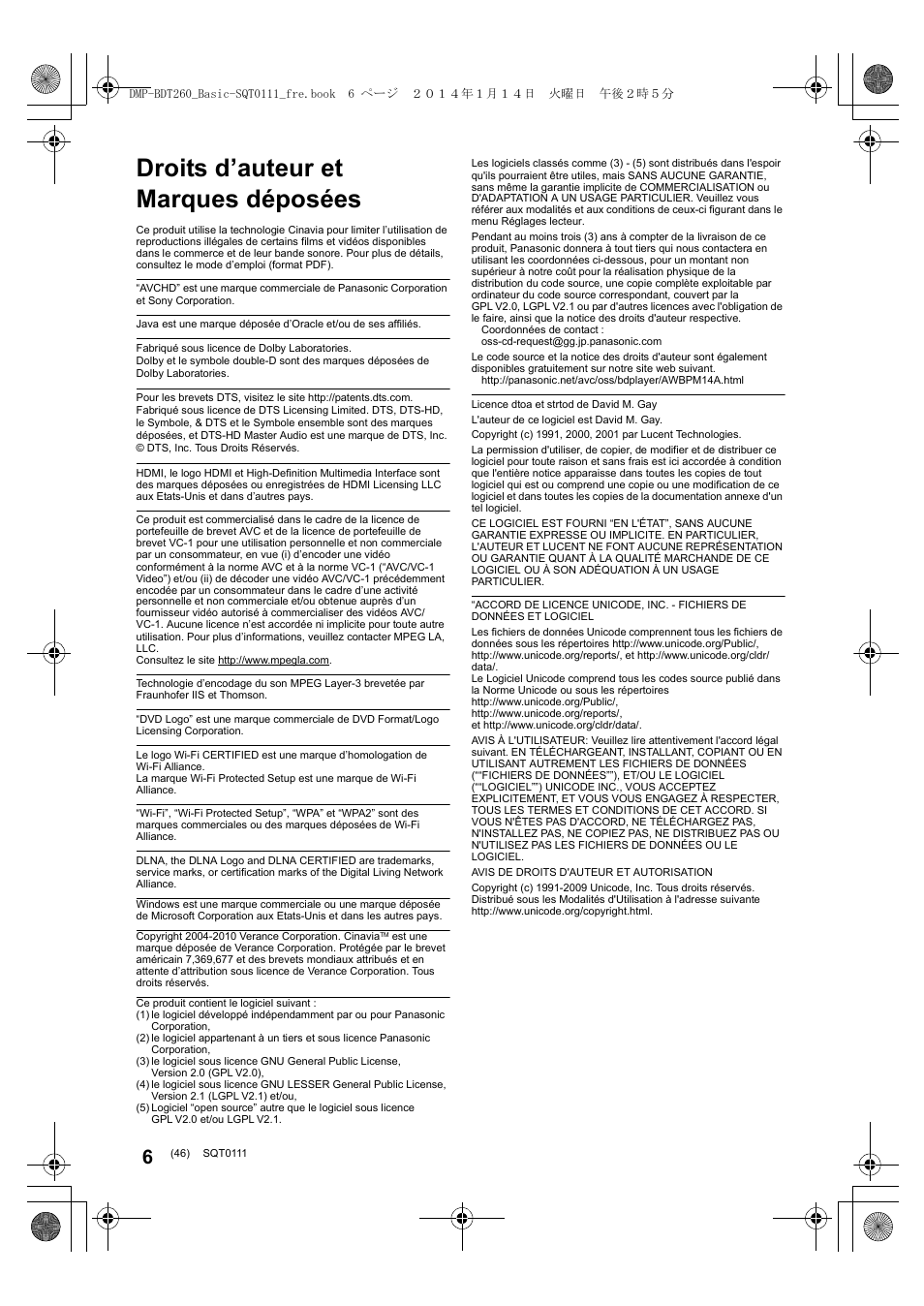 Droits d’auteur et marques déposées | Panasonic DMPBDT161EG User Manual | Page 46 / 108