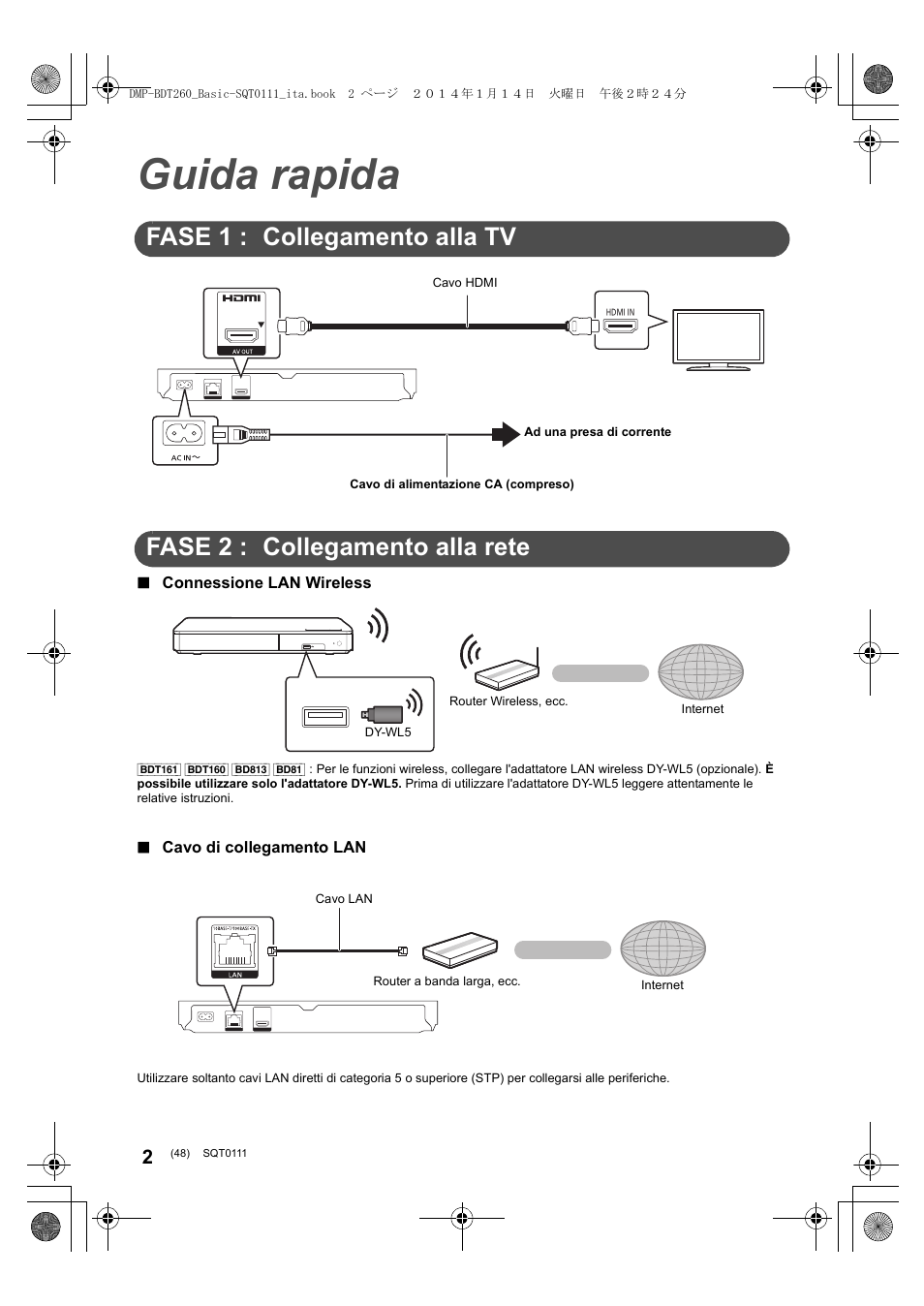 Guida rapida, Fase 1 : collegamento alla tv, Fase 2 : collegamento alla rete | Panasonic DMPBDT161EG User Manual | Page 48 / 108