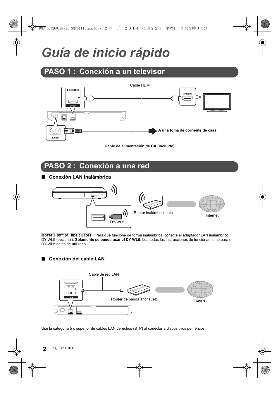 Guía de inicio rápido, Paso 1 : conexión a un televisor, Paso 2 : conexión a una red | Panasonic DMPBDT161EG User Manual | Page 54 / 108