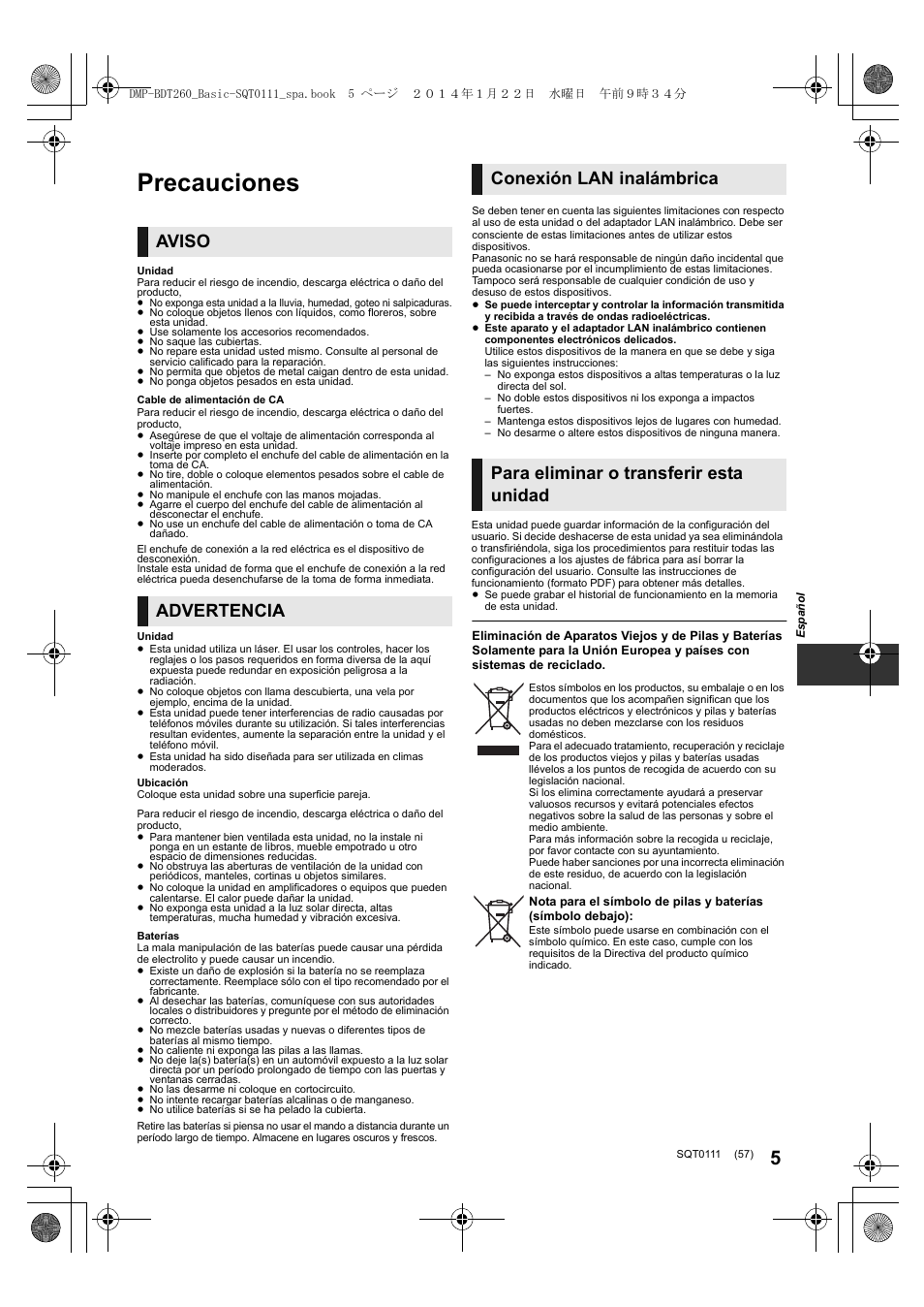 Precauciones, Aviso advertencia | Panasonic DMPBDT161EG User Manual | Page 57 / 108