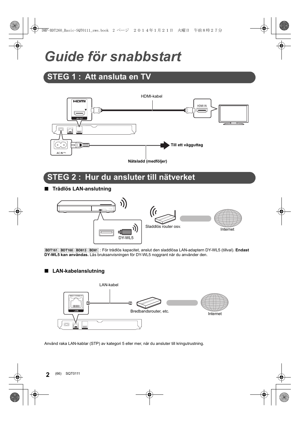 Guide för snabbstart, Steg 1 : att ansluta en tv, Steg 2 : hur du ansluter till nätverket | Panasonic DMPBDT161EG User Manual | Page 66 / 108