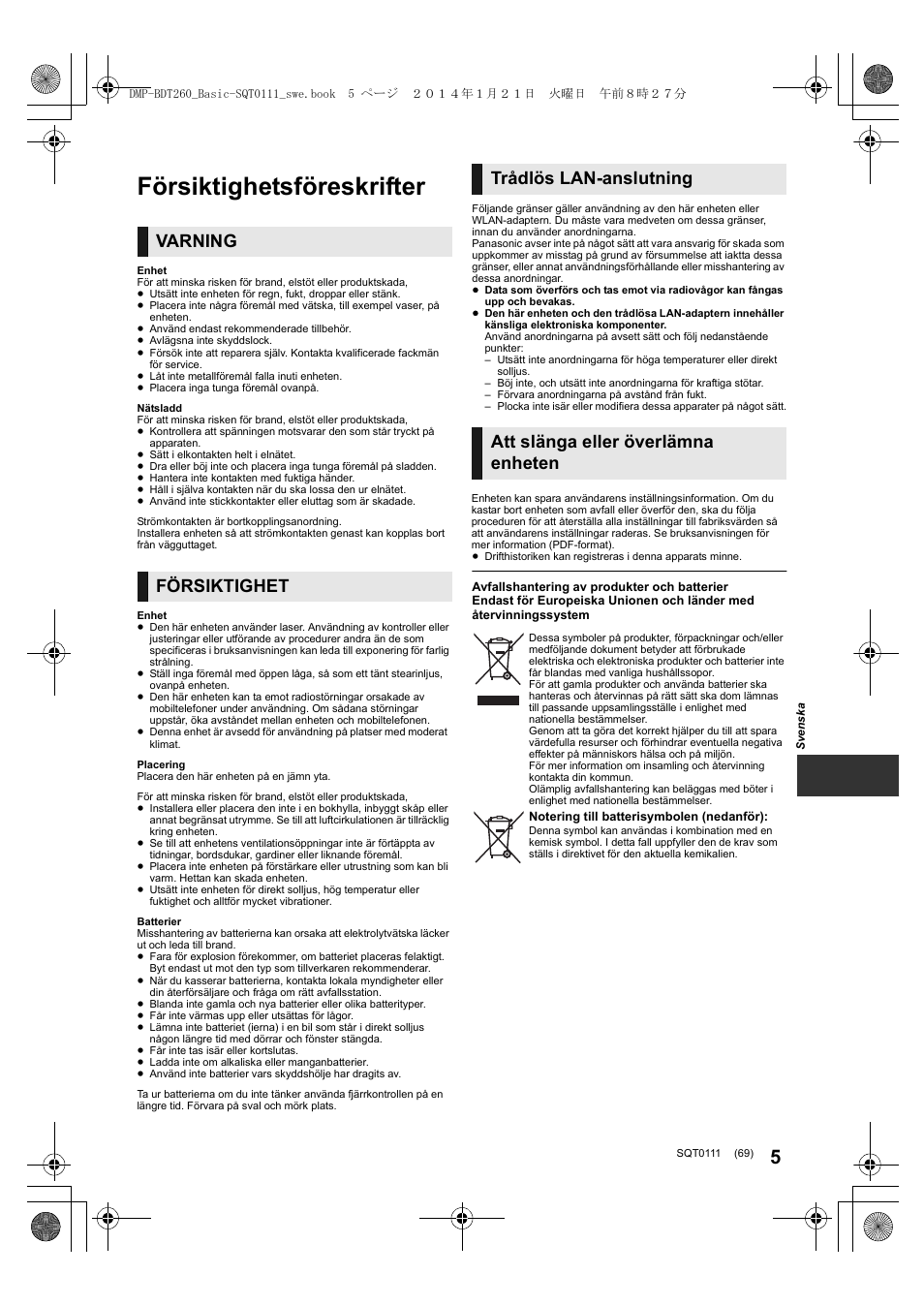 Försiktighetsföreskrifter, Varning försiktighet | Panasonic DMPBDT161EG User Manual | Page 69 / 108