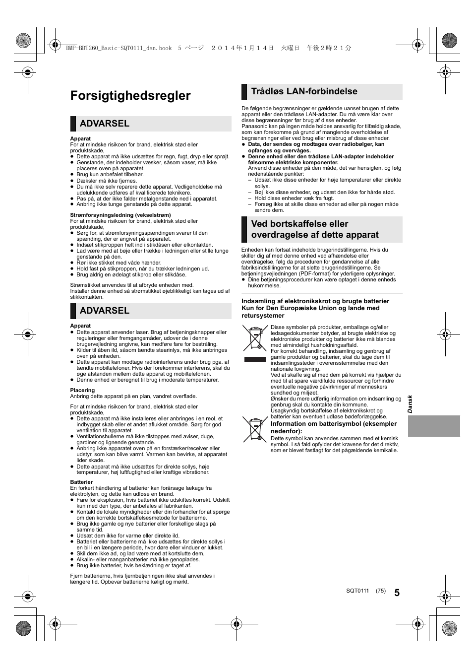 Forsigtighedsregler, Advarsel | Panasonic DMPBDT161EG User Manual | Page 75 / 108