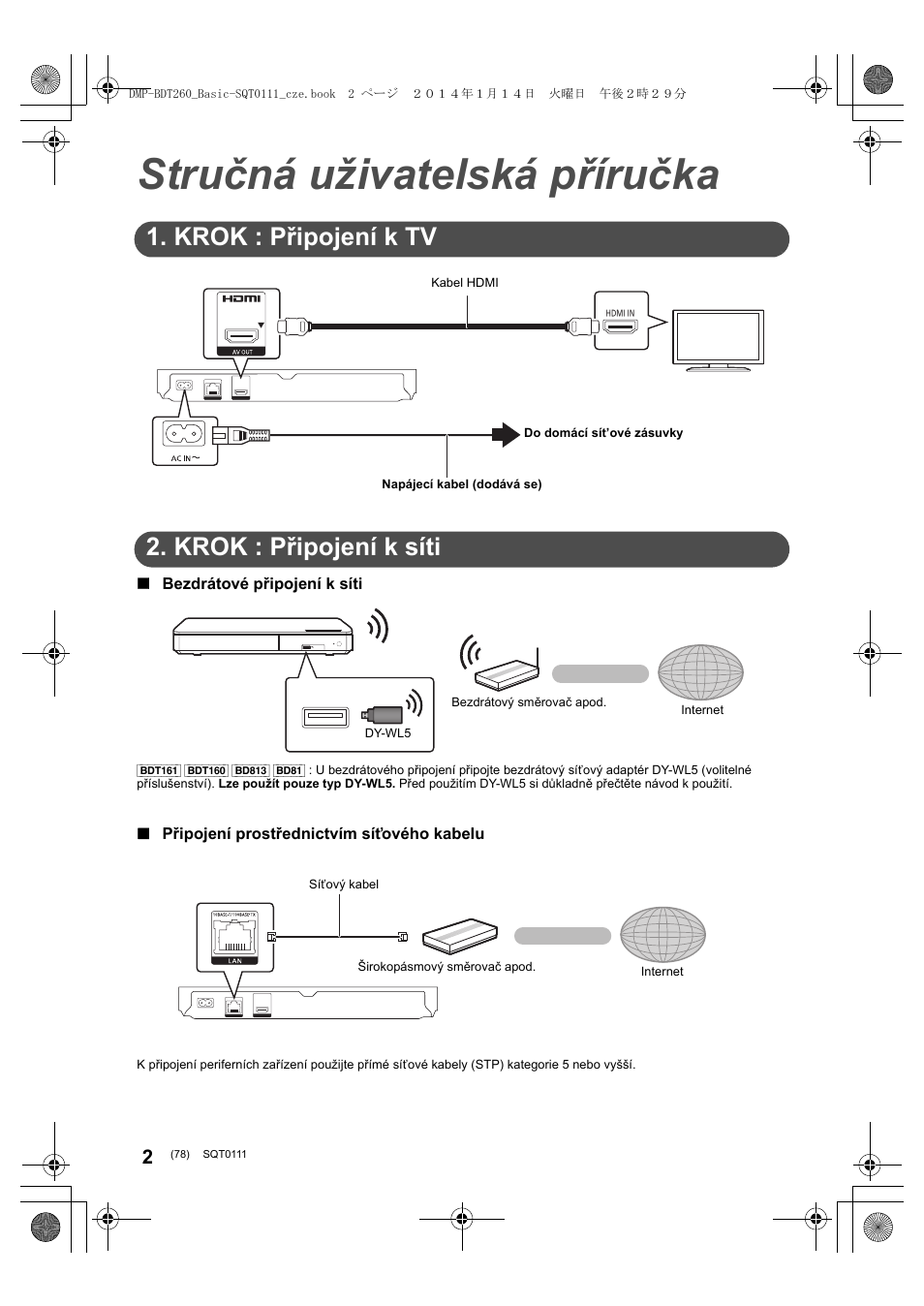 Stručná uživatelská příručka, Krok : připojení k tv, Krok : připojení k síti | Panasonic DMPBDT161EG User Manual | Page 78 / 108