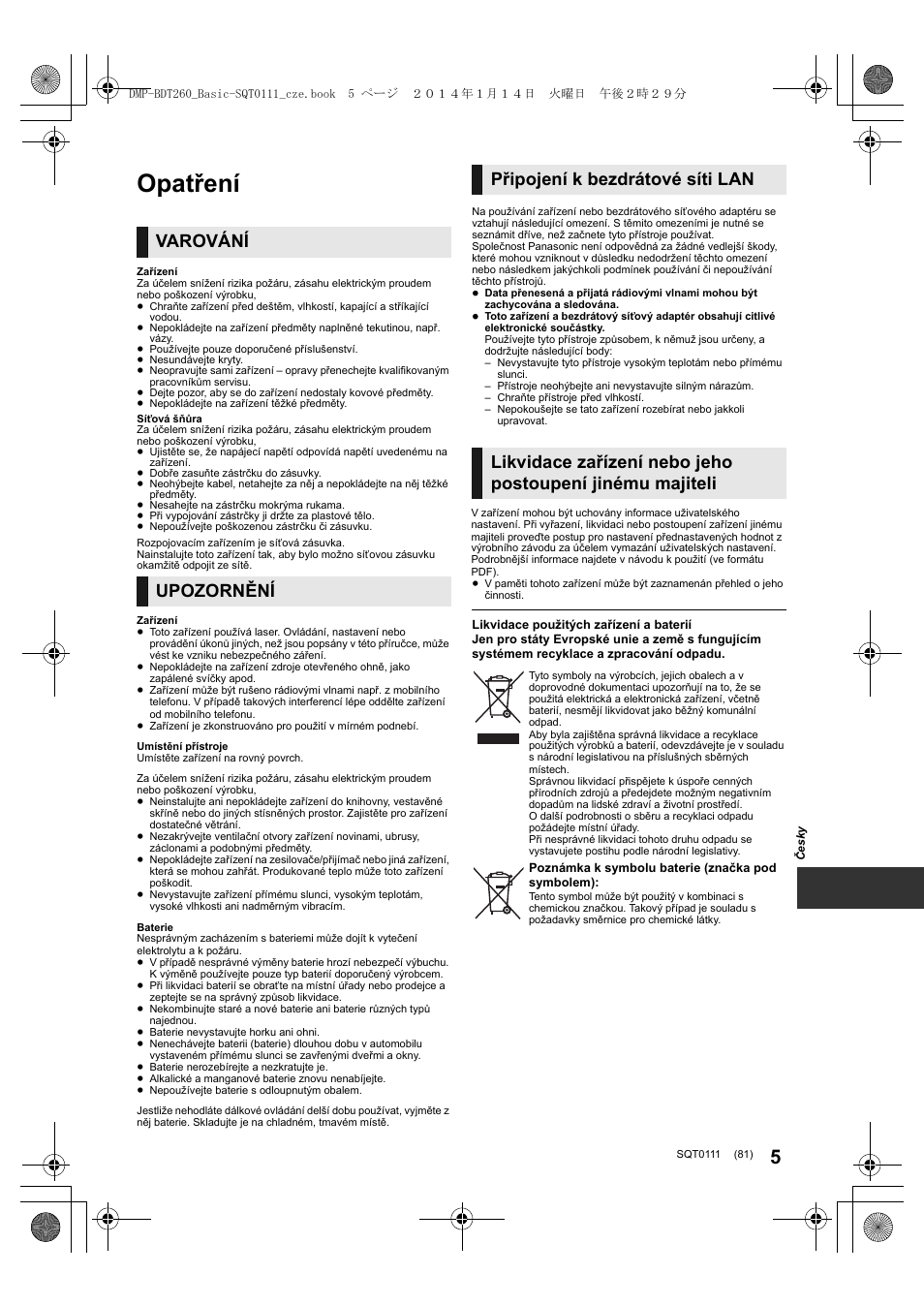 Opatření, Varování upozornění | Panasonic DMPBDT161EG User Manual | Page 81 / 108