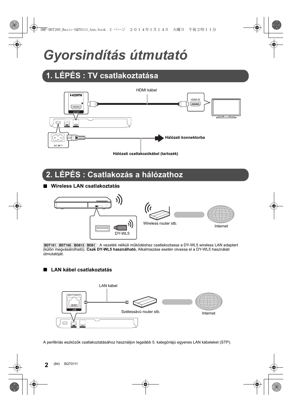 Gyorsindítás útmutató, Lépés : tv csatlakoztatása, Lépés : csatlakozás a hálózathoz | Panasonic DMPBDT161EG User Manual | Page 84 / 108